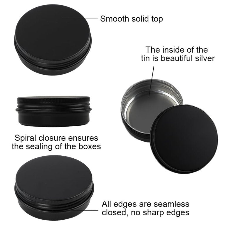 Moretoes 36 Pack Tins, 2 Oz Lip Balm Containers, Black Metal Round Tins Aluminum Cans, Empty Tin with Screw Lids for Salve, Spices or Candies