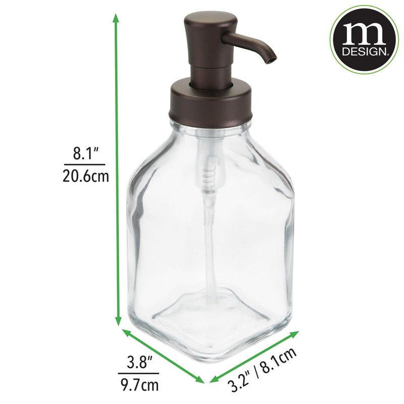 mDesign Square Glass Refillable Liquid Soap Dispenser Pump Bottle for Bathroom Vanity Countertop, Kitchen Sink - Holds Hand Soap, Dish Soap, Hand Sanitizer, Essential Oils - 2 Pack - Clear/Bronze