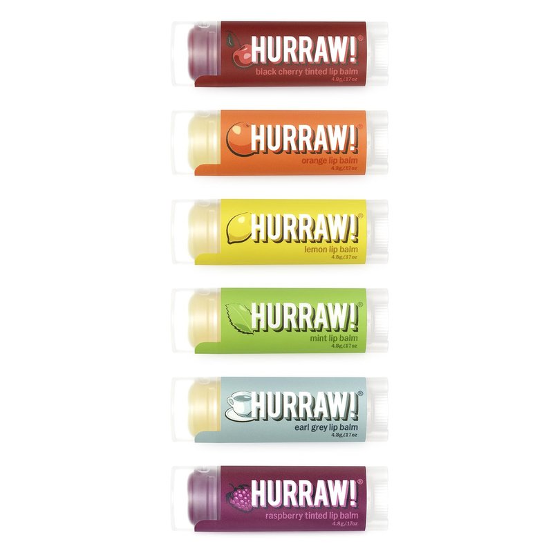 Hurraw! Lip Balms Staff Favorites, 6 Balm Bundle Pack: Black Cherry Tinted (Sheer Red Tint), Orange, Lemon, Mint, Earl Grey, Raspberry Tinted (Sheer Berry Tint) - Organic, Certified Vegan and All-Natural. Bee, Shea, Soy & Palm Free. Made in USA