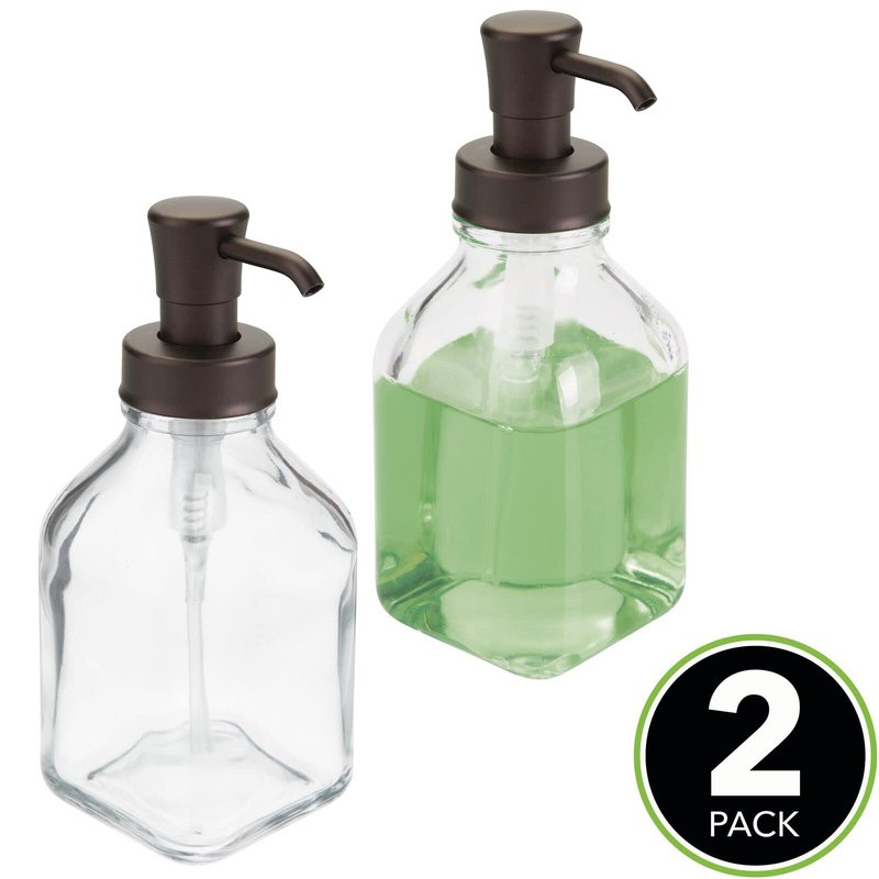 mDesign Square Glass Refillable Liquid Soap Dispenser Pump Bottle for Bathroom Vanity Countertop, Kitchen Sink - Holds Hand Soap, Dish Soap, Hand Sanitizer, Essential Oils - 2 Pack - Clear/Bronze