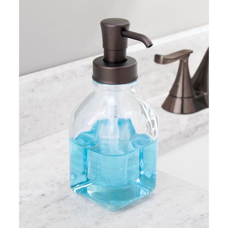 mDesign Square Glass Refillable Liquid Soap Dispenser Pump Bottle for Bathroom Vanity Countertop, Kitchen Sink - Holds Hand Soap, Dish Soap, Hand Sanitizer, Essential Oils - 2 Pack - Clear/Bronze