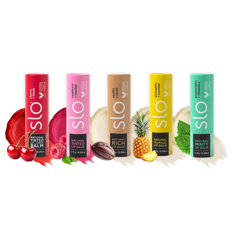 Slo | Natural Lip Balm - All Natural Ingredients, Vegan & Cruelty Free, Hydrating & Soothing, Plastic Free, Paper Packaging | 5 pack one of each flavour (5 x 0.28oz/8g)