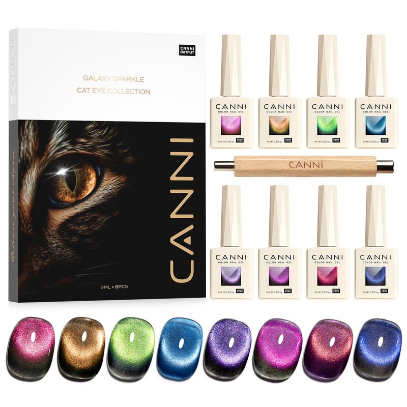 CANNI 8 Pcs 9 ML Cat Eye Gel Nail Polish Set, Red Purple Pink Blue Green Glitter Rainbow Holographic Cat Eye Gel Polish Kit with Magnet Colors Nail Art Manicure Salon DIY Gifts