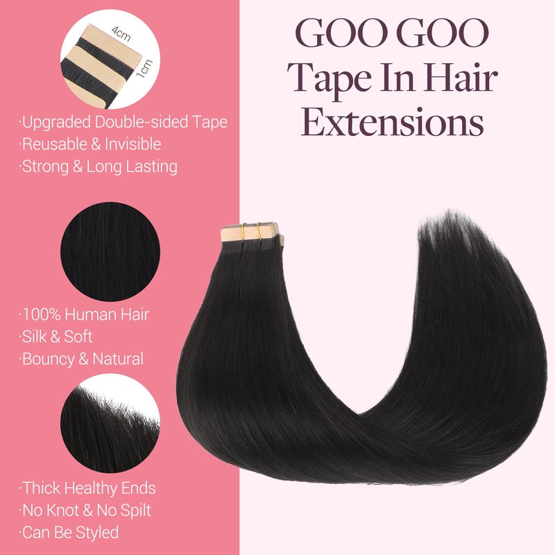 GOO GOO Tape in Hair Extensions Human Hair, 1B Natural black, 20inch 50g 20pcs, Skin Weft Seamless Invisible, Silky Straight with Thick Ends, Remy Human Hair
