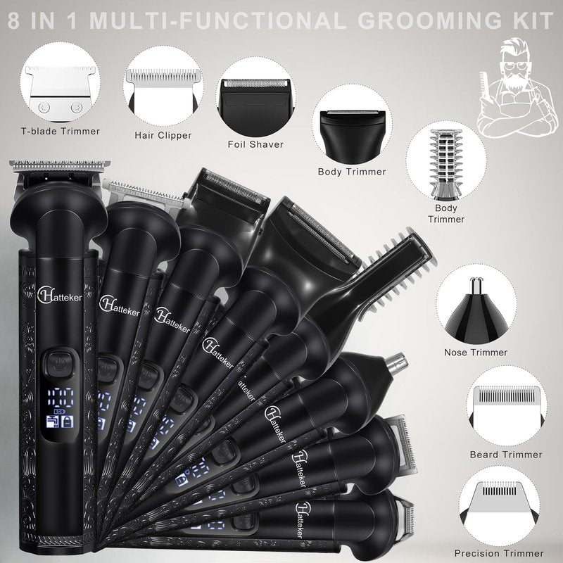 Hatteker 8-in-1 Mens Grooming Kit - Zero-Gap T-Blade Trimmer, IPX7 Waterproof Cordless Set with Hair Clipper/Beard Trimmer/Nose Trimmer, USB Rechargeable (1.5H Charge 180M Use) for Home & Travel