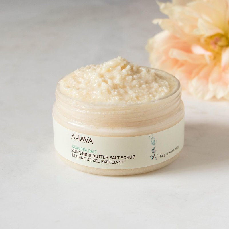 AHAVA Dead Sea Salt Softening Butter Salt Scrub - Rich, Buttery Body Scrub for Smooth, Radiant Skin, Energizes Sensation for Body & Mind, with exclusive Osmoter, Jojoba & Coconut Oil, 7.5 Fl.Oz