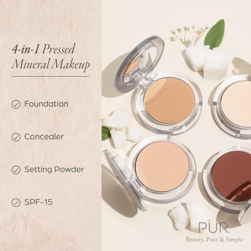 PÜR MINERALS 4-in-1 Pressed Mineral Makeup Powder Foundation with SPF 15 - Concealer & Finishing Compact Pressed Powder for Face - Buildable Medium to Full Coverage Foundation Powder