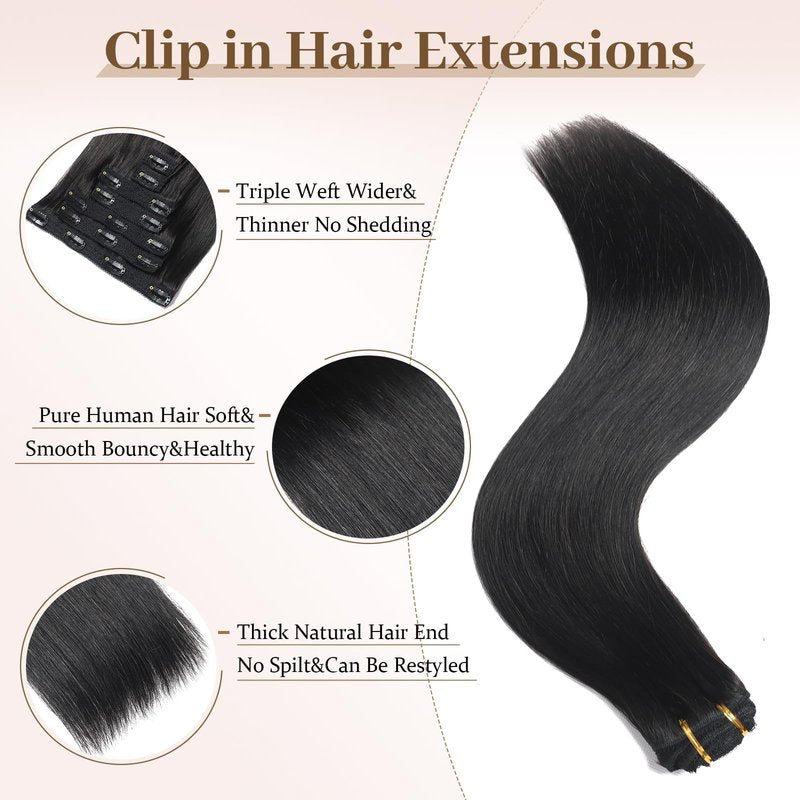 Sisily Clip in Hair Extensions Real Human Hair, Premium Human Hair Clip in Extensions Natural Black, Soft Straight Hair Extensions Real Human Hair Clip ins 7PCS Double Weft(16 Inch #1B)