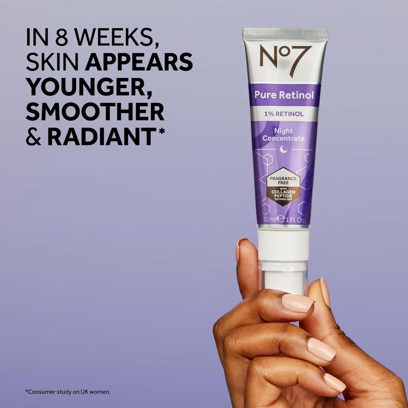 No7 Pure Retinol 1% Night Concentrate - Anti Wrinkle Retinol Serum with Collagen Peptides & Niacinamide for Younger Looking Skin - Firming Face Serum for Fine Lines & Wrinkles (30ml)