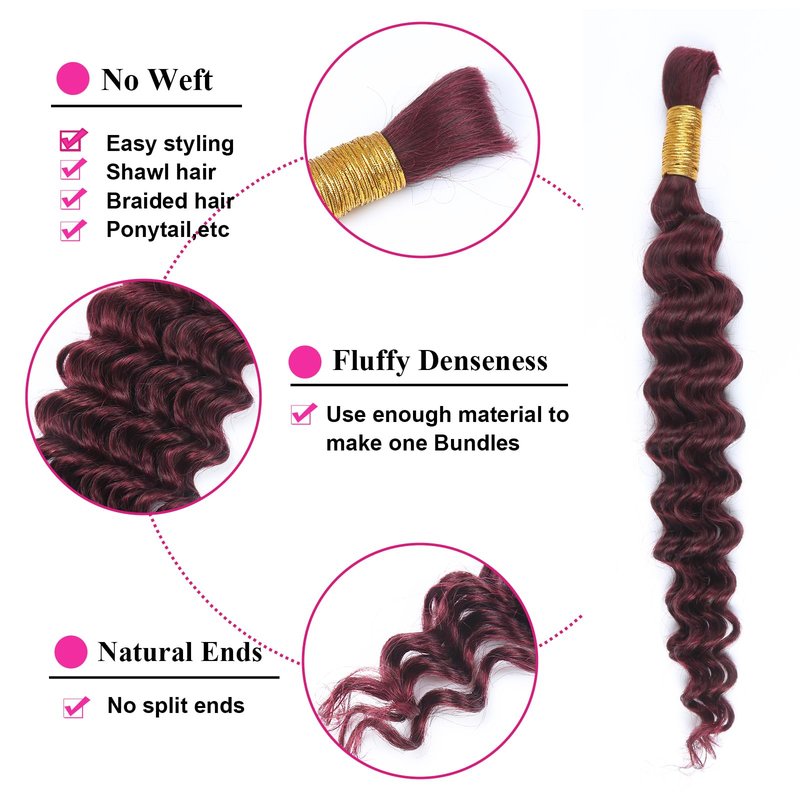 RESACA Deep Wave Bulk Human Hair for Braiding 20 Inch 100g 2 Bundle Boho Braids Human Hair Water Wet and Wavy 100% Unprocessed Brazilian Virgin Hair Extensions Kinky Curly (99j)