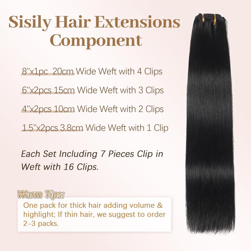 Sisily Clip in Hair Extensions Real Human Hair, Premium Human Hair Clip in Extensions Natural Black, Soft Straight Hair Extensions Real Human Hair Clip ins 7PCS Double Weft(16 Inch #1B)