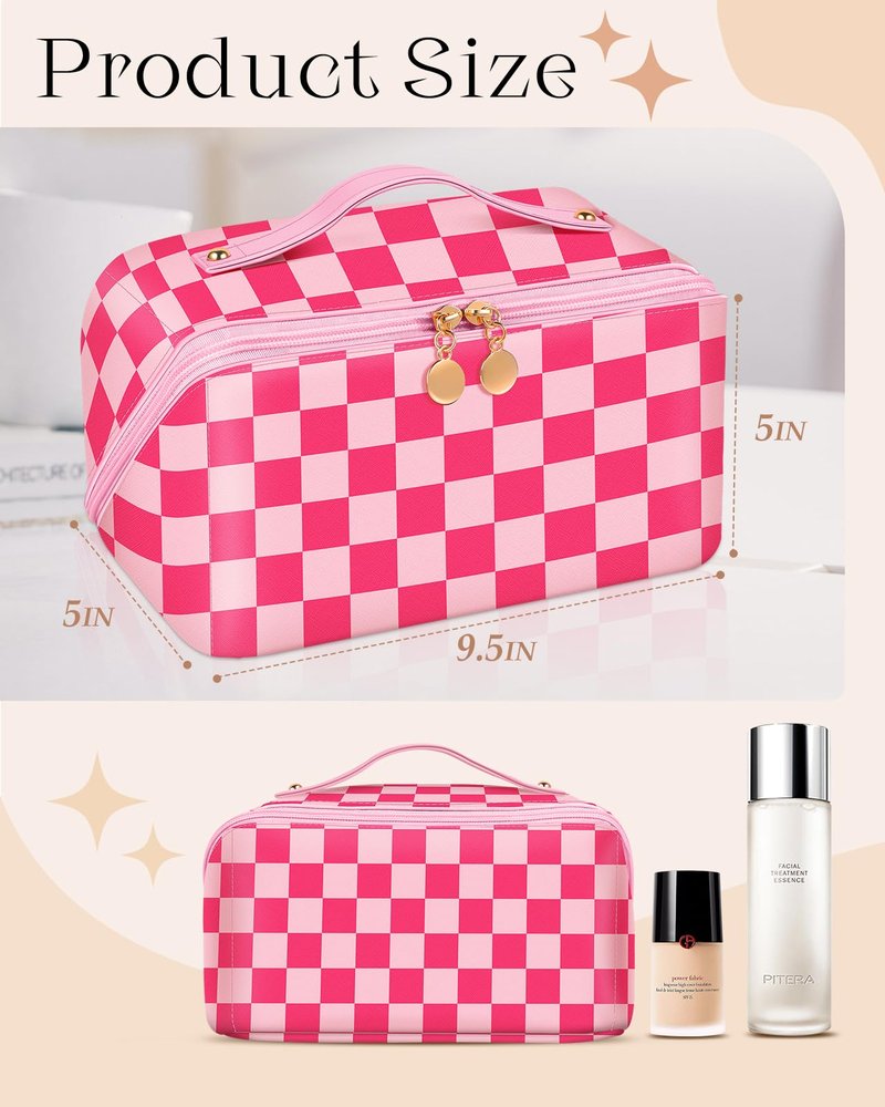Bistup Makeup Bag Travel Cosmetic Bag Toiletry Make Up Bags Cute Women Large Capacity Big Medium Leather Checkered Plaid Hotpink Aesthetic Girl Teen Teenage Foldable Expandable Open Flat Zip