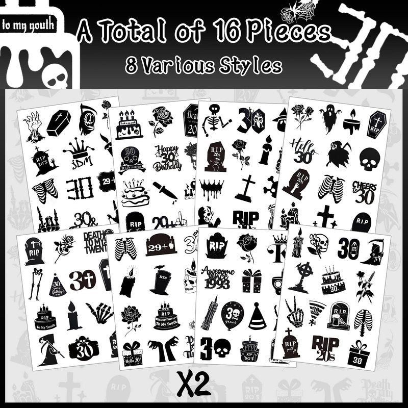190 PCS Death to My 20s Decorations, Rip My Twenties Temporary Tattoos, Rip to My 20s Birthday Decorations for 30th Birthday Black Funeral Party for Women's and Man's Funny Thirtieth Birthday Party