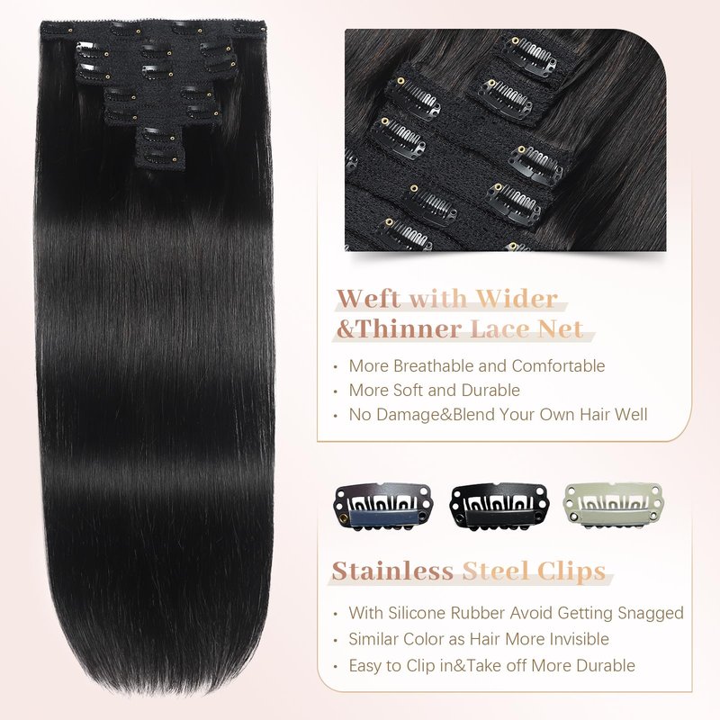 Sisily Clip in Hair Extensions Real Human Hair, Premium Human Hair Clip in Extensions Natural Black, Soft Straight Hair Extensions Real Human Hair Clip ins 7PCS Double Weft(16 Inch #1B)