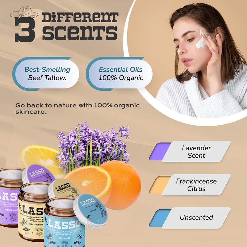 LASSO Beef Tallow Face Moisturizer with Grass-Fed/Finished Beef Tallow for Skin, Organic Manuka Honey and Beeswax, Unscented and Manuka Honey Balm