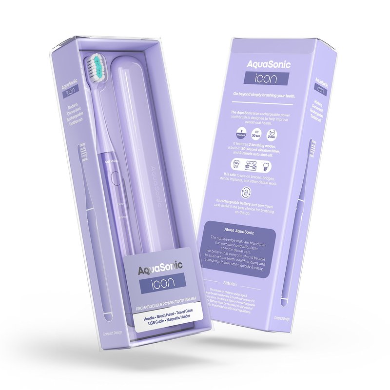 Aquasonic Icon ADA-Accepted Rechargeable Toothbrush | Magnetic Holder & Slim Travel Case | 2 Brushing Modes & Smart Timers | Gentle Micro-Vibrations (Lilac)