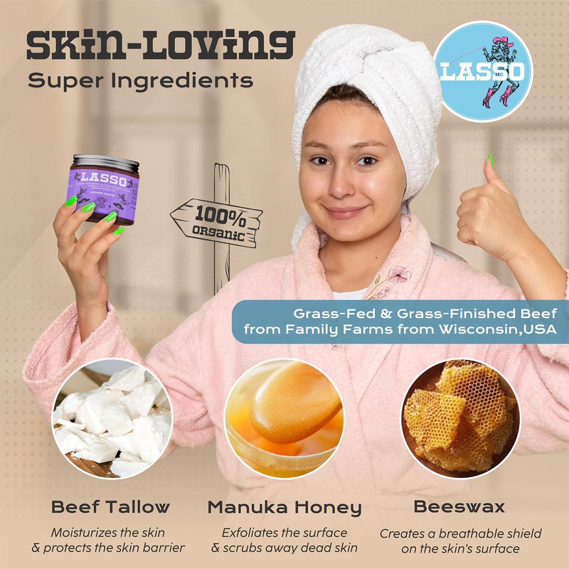 LASSO Beef Tallow Face Moisturizer with Grass-Fed/Finished Beef Tallow for Skin, Organic Manuka Honey and Beeswax, Unscented and Manuka Honey Balm