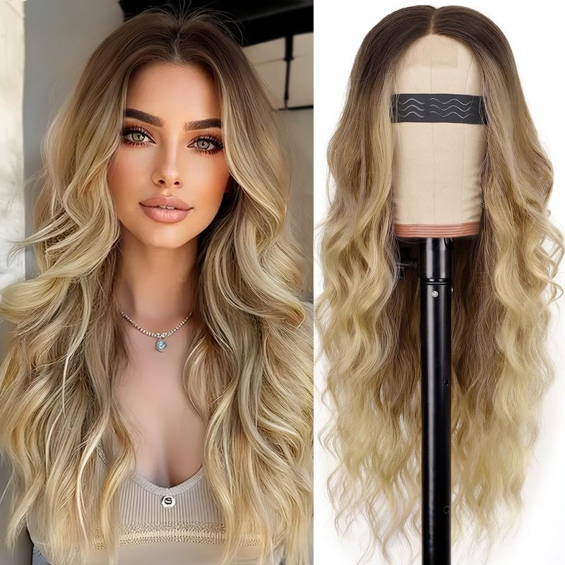 AISI HAIR Blonde Wig for Women, Long Wavy Lace Hairline Blond Synthetic Middle Part Ombre Blonde Wigs for Daily Party-26 Inch