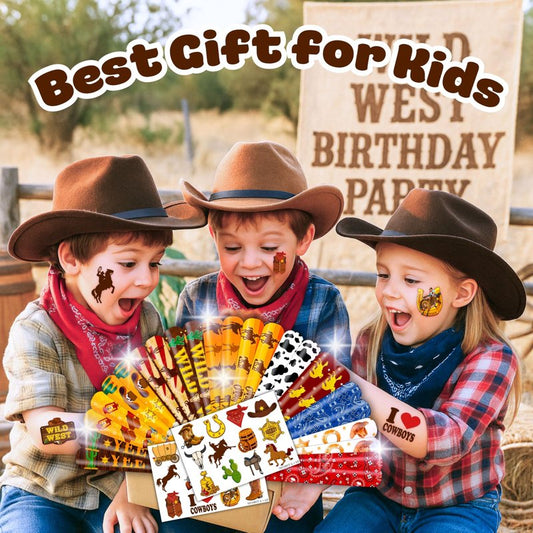 48PCS Cowboy Party Set - 24PCS Temporary Tattoos & 24PCS Slap Bracelets - Wild West-Themed Birthday Supplies, Baby Shower Gifts, Classroom Rewards & Party Decor for Kids (Boys & Girls)