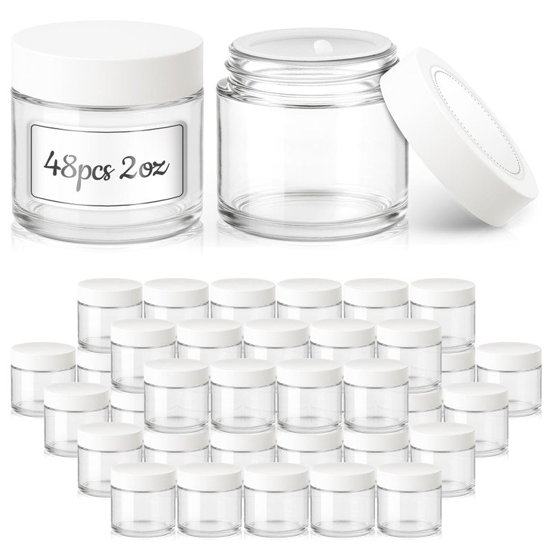 Bumobum 2 oz Glass Jars with Lids, 48 pack Clear Round Small Containers with White Lids, Blank Labels & Inner Liners, Empty Cosmetic Containers for Sample, Powder, Cream, Lotion