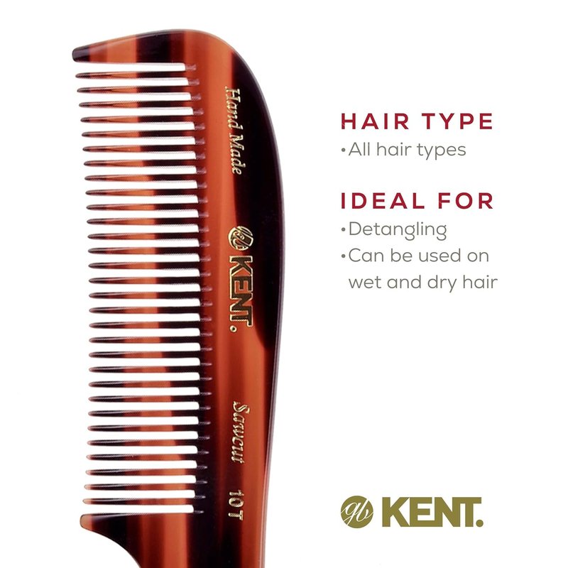 Kent 10T Graphite and Tortoise Large Detangler Comb, Handmade Wide Tooth Comb for Curly Hair, Detangling Combs For Wet and Dry Hair, Combs for Thick Hair, Saw-Cut and Hand Polished Made in England
