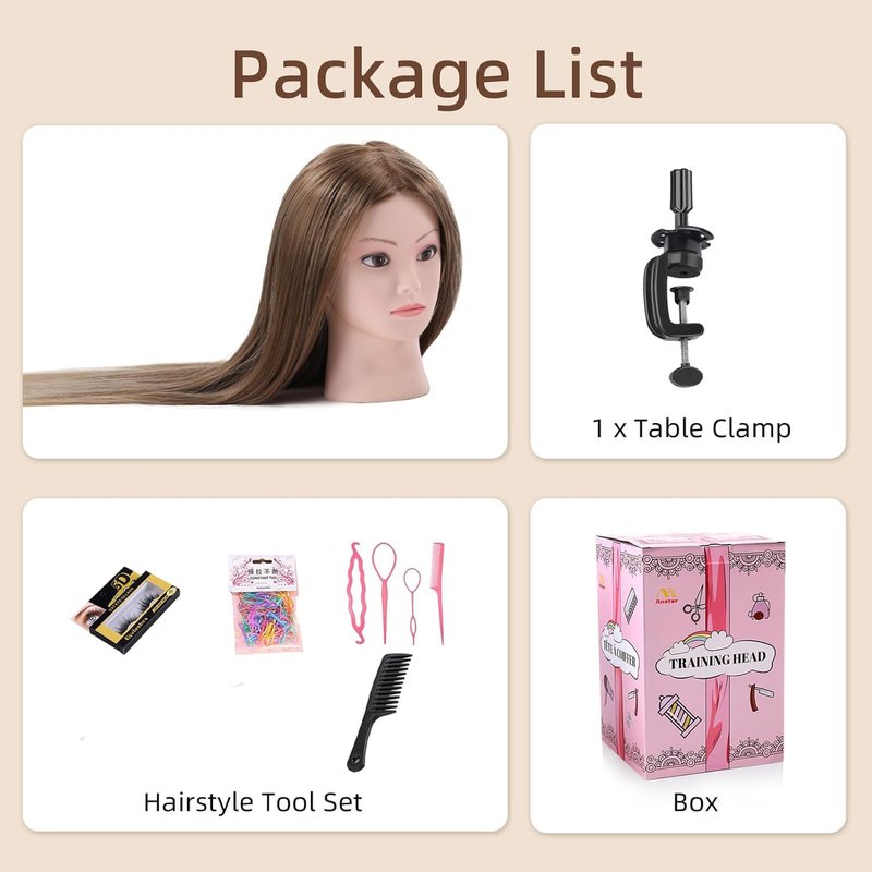 Mannequin Head with Hair, Mannequin Cosmetology Manikin Practice Doll Head for hair styling Braiding Hairdressing Head with Table Clamp + DIY Hair Styling Set