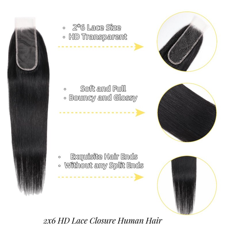 2x6 HD Lace Closure Straight Human Hair 16 Inch 2 by 6 HD Lace Closure 100% Brazilian Virgin Unprocessed Middle Part Human Hair Kim K Closure With Baby Hair Natural Color