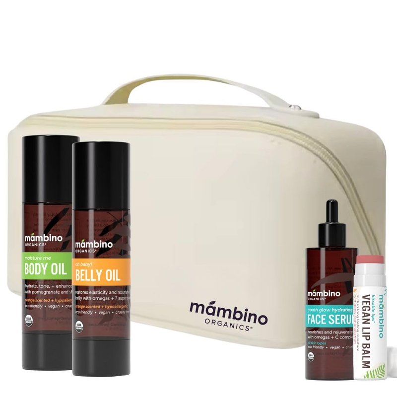 Mambino Organics Bun in the Oven Kit - Pregnancy Skin Care Set with Body Oil, Belly Oil, Lip Balm & Face Serum - Maternity Essentials, Pregnancy Must-Haves - 5 Piece Set + Free Bag
