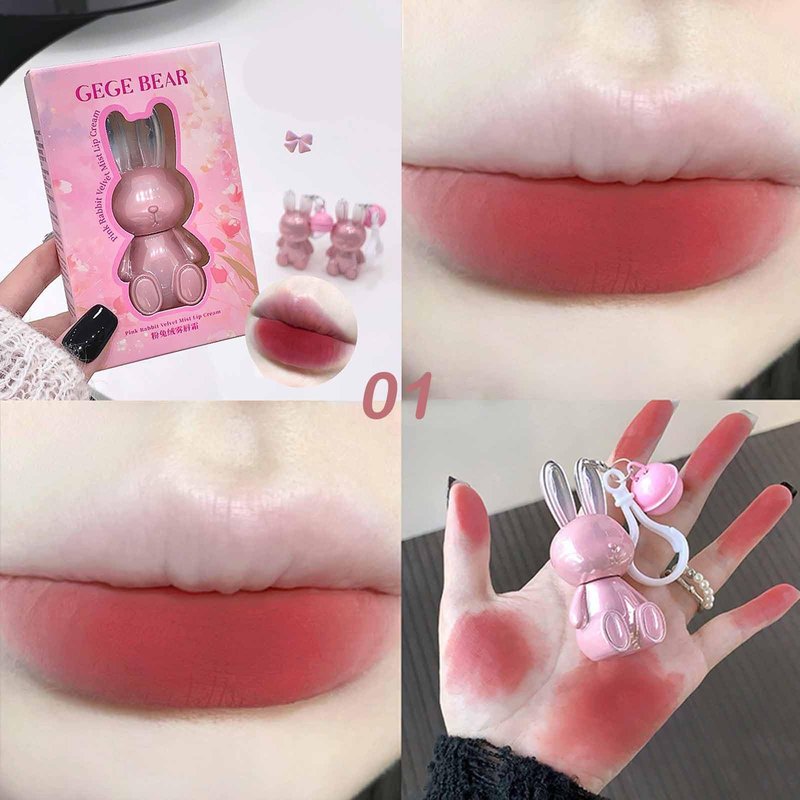 KTouler 3 Colors Cute Bunny Lip Gloss Keychain Set, Red Pink Brown Liquid Velvet Matte Lipstick,Long Lasting Soft Lipstick for Women Girls