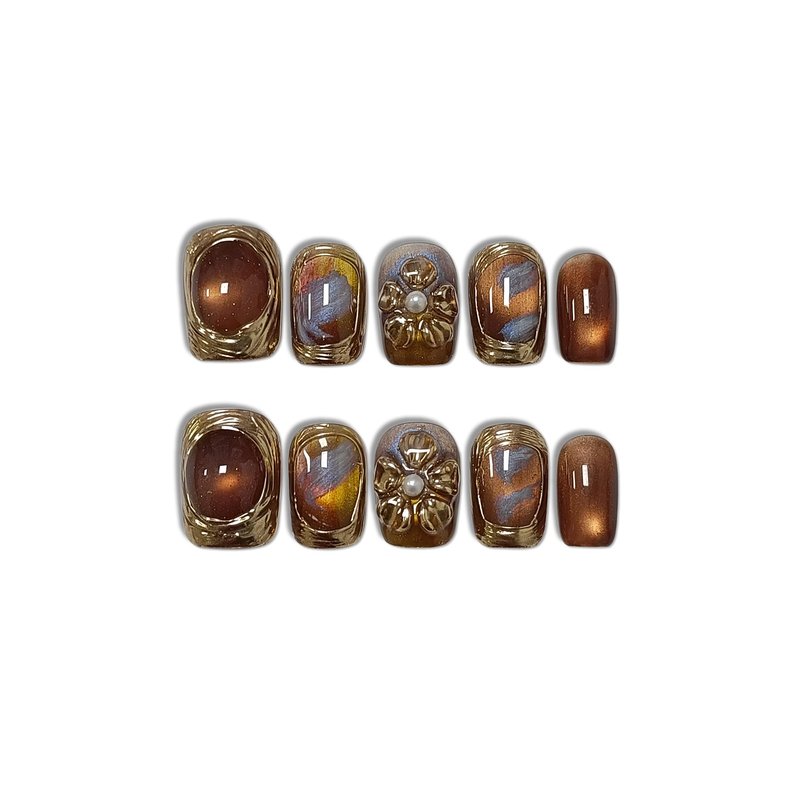 TENPAL Handmade Short Square Press on Nails with Kit,Golden Brown Chrome Hand-Sculpted Toffee Blooms & Gilded Edge Designs Glue on Nails,Glossy Sunset Metallic Cat Eye Fake Nails for Fall Winter(S)