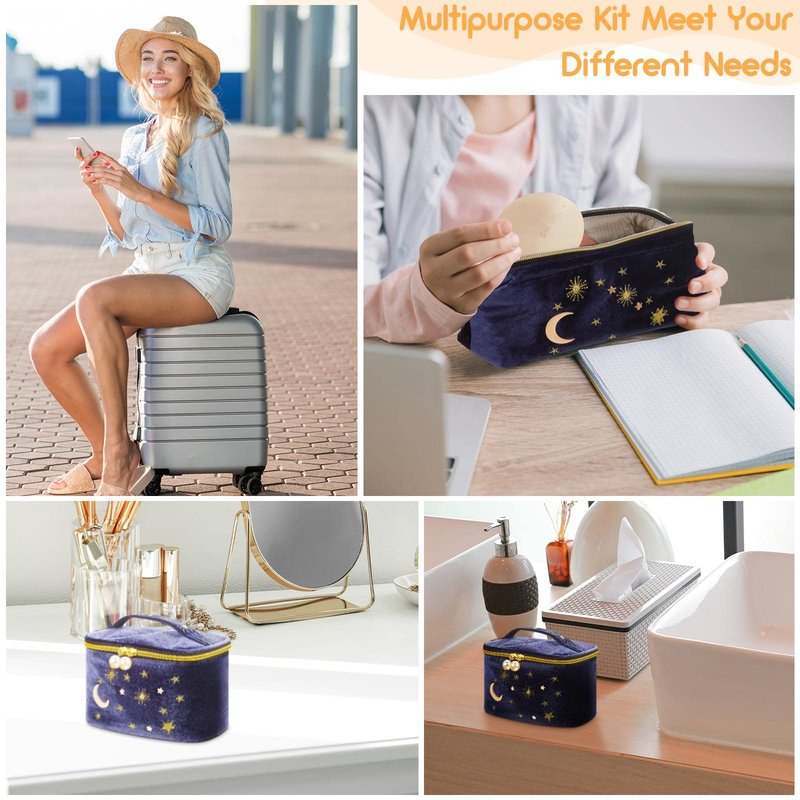Patelai 2 Pcs Velvet Makeup Bag Moon Stars Cosmetic Bags Goth Embroidered Makeup Pouch Portable Travel Starry Pouch Toiletry Wash Bags Cute Storage Clutch Handbags for Women Gifts(Navy Blue)