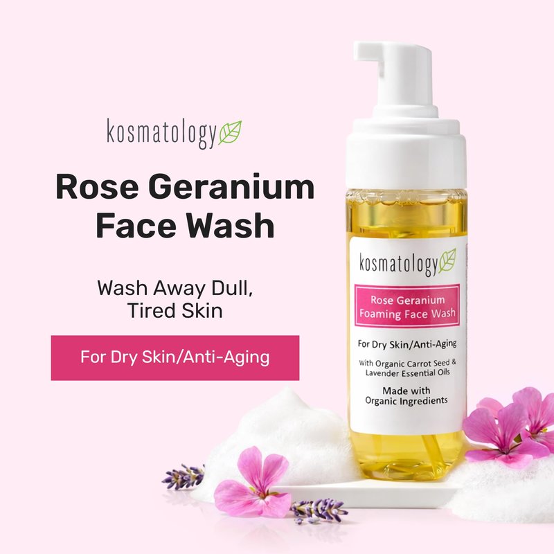 kosmatology Rose Geranium Foaming Face Wash – Hydrating Facial Cleanser for Dry & Mature Skin – Gentle Anti Aging Skincare, 6 oz.
