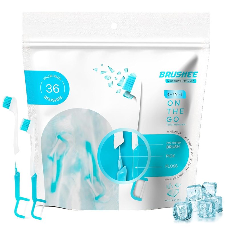Brushee The Evolution Oral Care Whitening | Prepasted On-The-Go Whitening Toothbrushes | 4-in-1 (Paste + Brush + Floss + Pick) | Individually Wrapped | Disposable | Travel Toothbrushes (36-Pack)