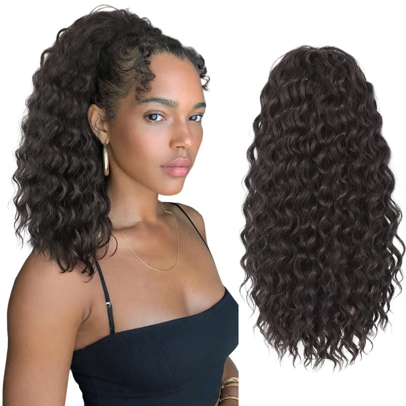 Isaic Culy Ponytail Extension 16 Inch Natural Black Drawstring Ponytail Extension for Women Fluffy Natural Looking Synthetic Hairpiece Long wavy Pony Tails Hair extensions for Daily Use