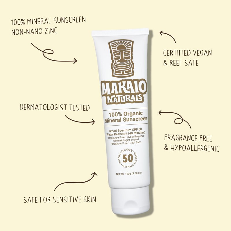 Makaio Naturals 100% Organic Mineral Sunscreen SPF 50 for Kids & Family – Face & Body, Unscented, High-Performance, Sensitive Skin, Reef Safe, Vegan, Hypoallergenic, Dermatologist Tested, 3.88 fl oz