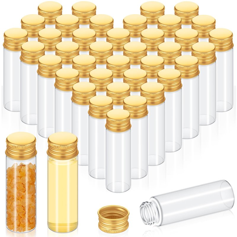 Didaey 100 Pcs Small Clear Vials Spice Mini Jars with Lids Mini Glass Bottles with Screw Aluminum Metal Caps Tiny Jars Sample Containers for Powder Cream Cosmetic Jewelry Wedding (15 ml,Gold Caps)