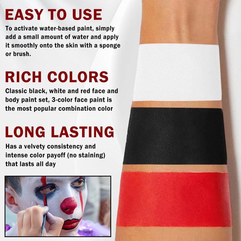 LZXLUKGIR Clown Makeup Kit,Red Black and White Face Painting Kit Professional,Water Based Paint Halloween Makeup,Clown Face Paint for Kids and Adults,Zombie Joker Vampire Make up