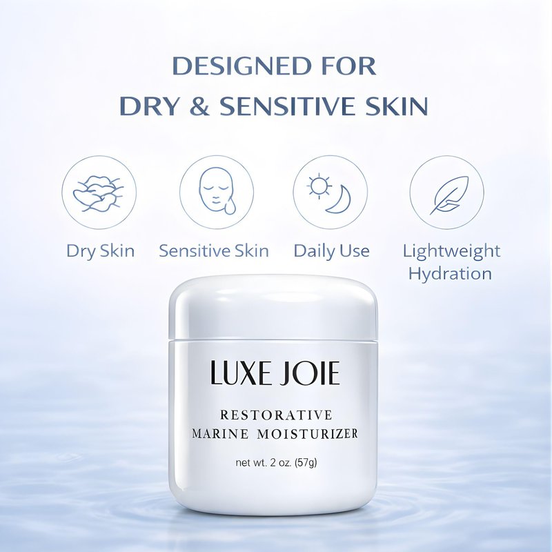LuxeJoie Hydrating Face Cream for Dry & Sensitive Skin – Lightweight Moisturizer with Hyaluronic Acid, Aloe & Marine Botanicals – Soft Non-Greasy Finish Restorative Marine Moisturizer 2 oz