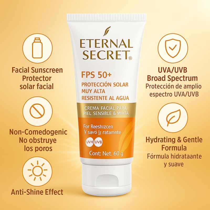 Eternal Secret High Protection Sunscreen for Face - SPF 50+ Water-resistant, Non-Sticky Texture, 2.12 oz - Bloqueador Facial/Corporal Eternal Secret FPS 50+ 2.12 oz