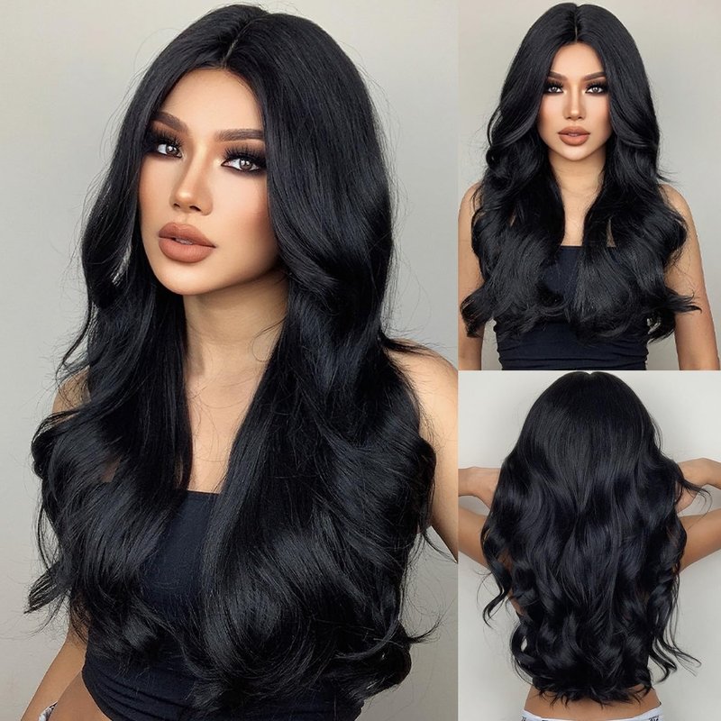 Doremiy Long Black Brown Wavy Hair Wigs for Women Natural Synthetic Curly Wig Heat Resistant Fiber Wigs for Daily Cosplay