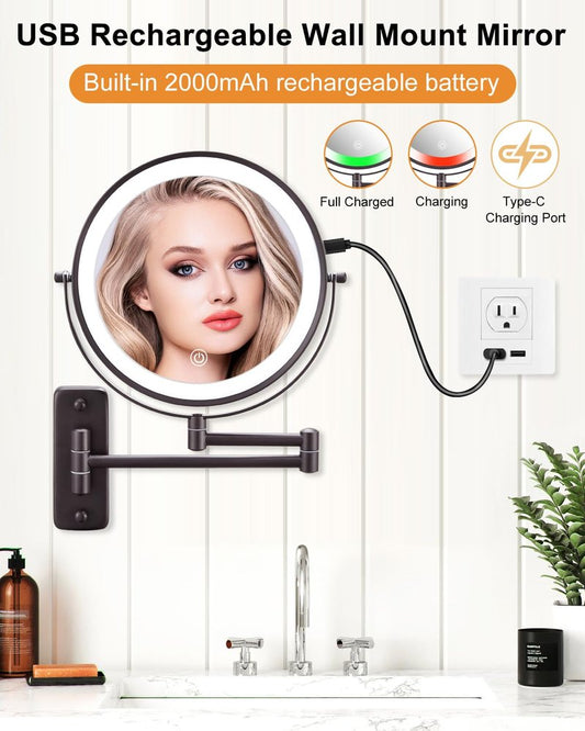 DECLUTTR 9 Inch Wall Mounted Lighted Makeup Mirror, Double-Sided Magnifying Mirror 1x/10x, 3 Colors Lighted Makeup Mirror, Touch Dimmable 360° Rotation Foldable Light Up Mirror, Bronze