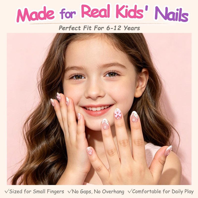 Kids Press on Nails, 24pcs French Tip Press on Nails for Kids 6-12 with 3D Hibiscus, Non-Toxic Nail Kit with Nail Glue, Adhesive Tabs, Fake Nails Gift for Girls