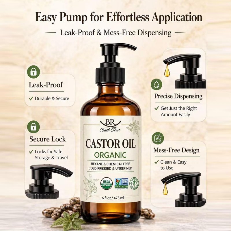 Bathrest Castor Oil Organic Cold Pressed Unrefined Glass Bottle 100% Pure for Hair Growth Eyelashes Brows Castor Oil Packs, Natural Skin Moisturizer, USDA Certified Hexane Free Vegan 16 oz (473ml)