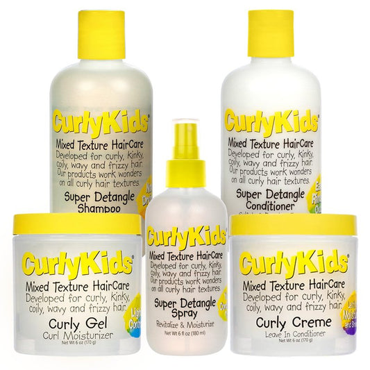 CurlyKids Super Detangle Spray Bundle with Hair Detangler Spray, Kids Shampoo, Conditioner, Gel & Creme for Curly, Frizzy, & Wavy Hair | Sulfate & Paraben-Free Formula to Detangle