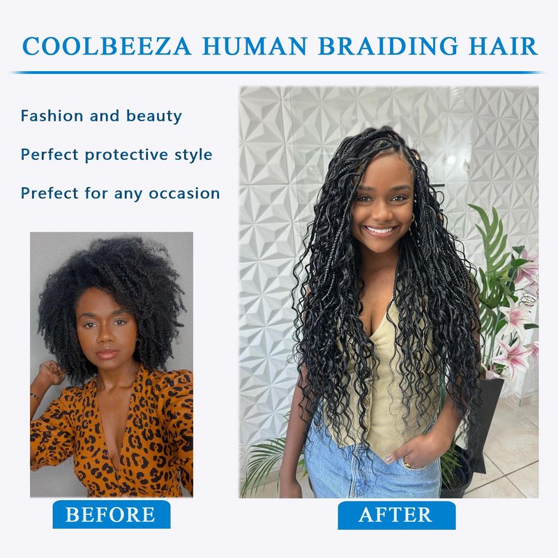 Coolbeeza Human Braiding Hair for Boho Braids 100g 14 Inch Deep Wave Bulk Human Hair 12A Brazilian Virgin Boho Hair for Braiding Wet and Wavy No Weft 2 Bundles/Pack Hair Extensions