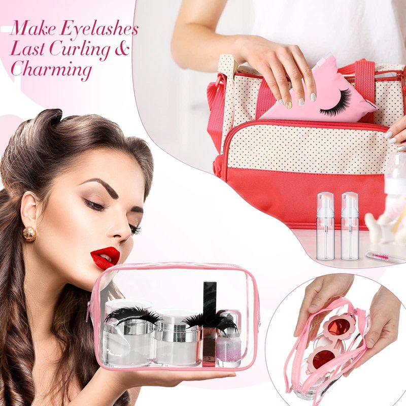 Remerry 40 Pcs Lash Shampoo Brushes Set Eyelash Aftercare Bag Disposable Mascara Tubes Foam Pump Bottle Extension Aftercare Instructions Card Eyelash Accessories for Women Mother (Clear Bag Style)