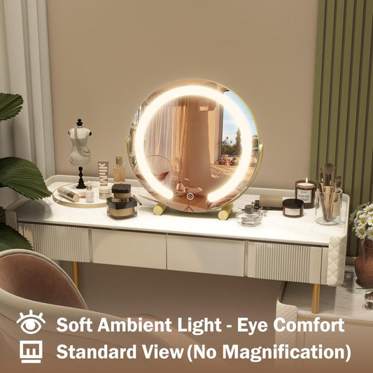 ROLOVE Aesthetic Gold Vanity Mirror with Soft Lights, 12 Inch Standard 1X View, 3-Color Dimmable Tabletop Mirror for Bedroom Decor, 360° Rotation Ambient Light up Mirror