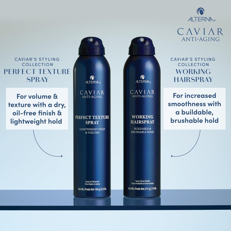 Alterna Haircare CAVIAR Anti-Aging Working Hairspray Travel Size 3 Fl Oz | Buildable, Brushable Hold | Helps Control Frizz and Adds Shine | Sulfate Free
