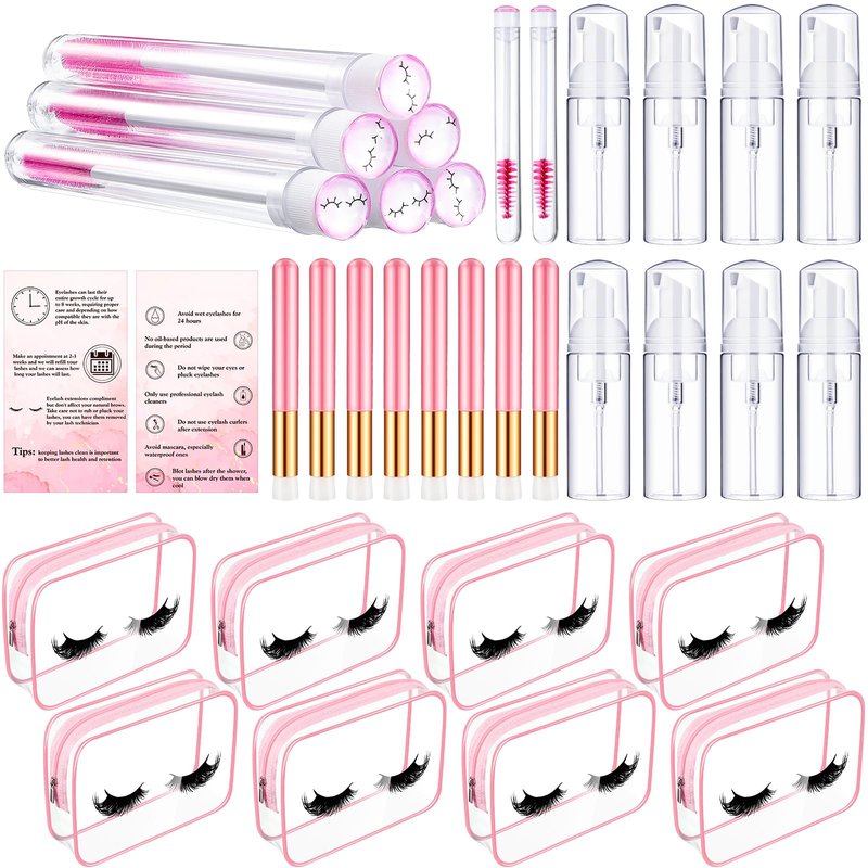 Remerry 40 Pcs Lash Shampoo Brushes Set Eyelash Aftercare Bag Disposable Mascara Tubes Foam Pump Bottle Extension Aftercare Instructions Card Eyelash Accessories for Women Mother (Clear Bag Style)