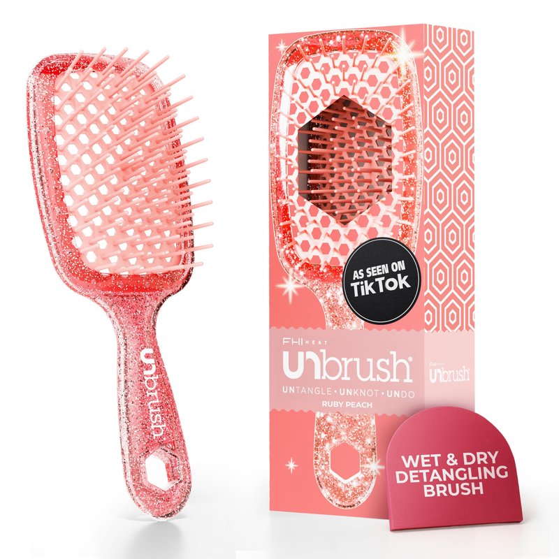 FHI Heat UNbrush Detangling Brush for Pain-Free Brushing on All Wet or Dry Hair Types — Durable DuoFlex Anti-Static Bristles, Lightweight Handle, Vented Hair Brush, Ruby Peach